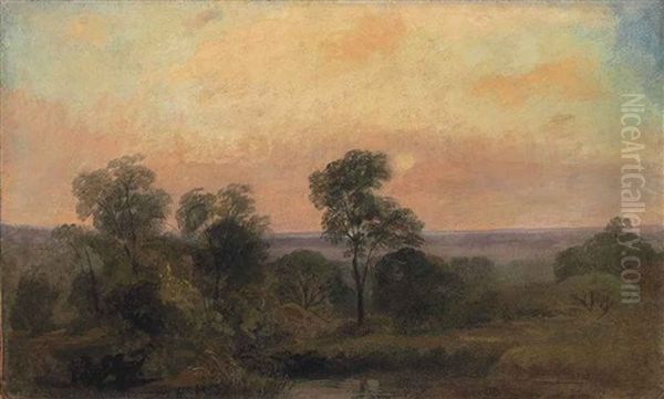 A Wooded Landscape At Dusk - view 1