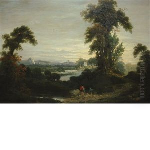 Figures In A River Landscape, A Town In The Distance
