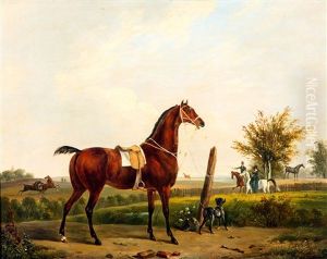 Gezadeld Renpaard, In De Achtergrond Een Amazone En Ruiter Gezadeld Renpaard, In De Achtergrond Een Amazone En Ruiter