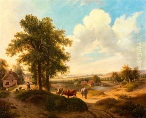 Weids Landschap, Een Dorp Aan De Horizon En Herder En Vee Op Voorgrond Weids Landschap, Een Dorp Aan De Horizon En Herder En Vee Op Voorgrond