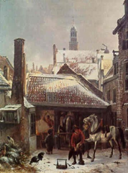 Winter: A Blacksmith At Work In A Yard, With The Buurtkerk, Utrecht, Beyond - view 1