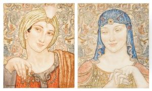 Two Portraits From One Thousand And One Nights Or Arabian Nights, Likely Nur Al-din Ali And The Damsel Anis Al-jalis, Each: by Charles Winter