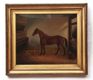 Horse And Dog In Stable Interior