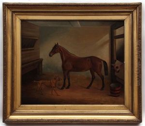 Horse And Dog In Stable Interior