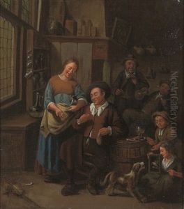 A Tavern Interior, With Boors Smoking And Drinking, And A Girl With A Dog