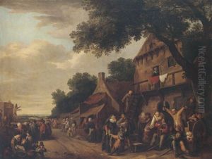 A Crowded Village Scene With Figures Drinking Before An Inn, A Play Being Staged On The Left