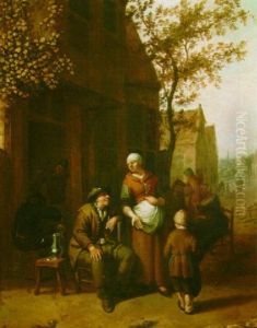 A Village Street With Peasants Drinking Outside An Inn by Gillis de Winter
