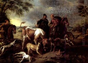 A Hunting Party Surrounding A Bull For The Kill by Joseph Georg Winter