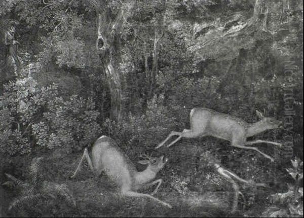 A Stag And A Doe In A Thicket Fleeing From A Huntsman And His Hounds - view 1