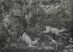 A Stag And A Doe In A Thicket Fleeing From A Huntsman And   His Hounds by Joseph Georg Winter