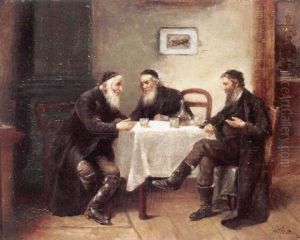 An Interior With A Rabbi And Other Figures Gathered At A Table by Pharaon Abdom Leon de Winter