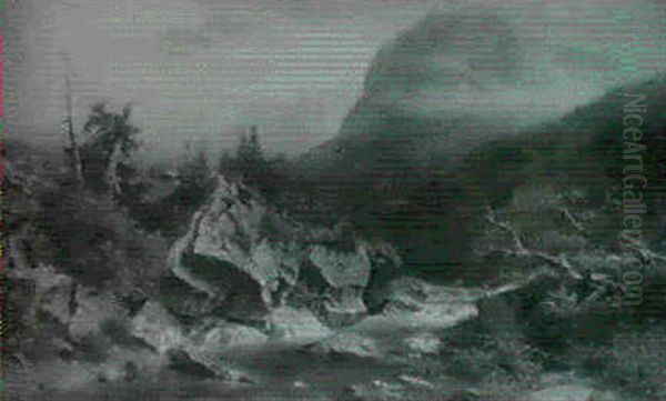Gebirgsbach Zwischen Felsen Im Alpental Bei Sich Zusammen- Brauendem Unwetter - view 1