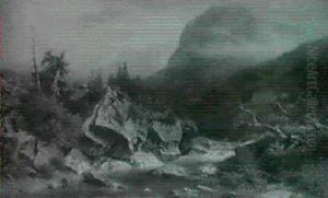 Gebirgsbach Zwischen Felsen Im Alpental Bei Sich Zusammen- Brauendem Unwetter Gebirgsbach Zwischen Felsen Im Alpental Bei Sich Zusammen- Brauendem Unwetter