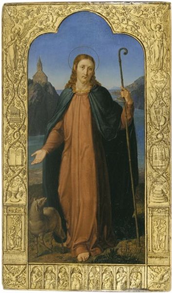 Christus Als Guter Hirte. Darstellung Eingefasst Mit Szenenreicher Bordure Biblischer Themen Uber Goldenem Grund - view 1