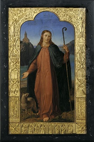 Christus Als Guter Hirte. Darstellung Eingefasst Mit Szenenreicher Bordure Biblischer Themen Uber Goldenem Grund - view 1