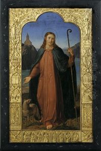 Christus Als Guter Hirte. Darstellung Eingefasst Mit Szenenreicher Bordure Biblischer Themen Uber Goldenem Grund
