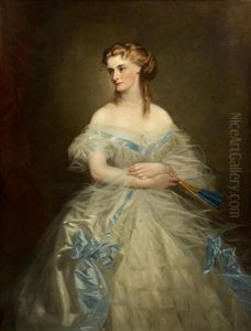 Portrait Of A Lady, Three Quarter Length, In White Chiffon Dress With Turquoise Trim, Holding A Fan In Her Left Hand, The Wife Of Sir Robert Caulfield by Franz Xavier Winterhalter