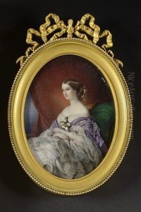 Portrait De L"imperatrice Eugenie En Robe De Soie Blanche Et Echarpe Lilas, Assise, Vers La Gauche, Un Epais Coussin Vert Emeraude Et Une Draperie Ecarlate En Perspective by Franz Xavier Winterhalter
