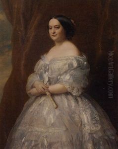 Portrait Of A Lady In Waiting In A Cream Silk Dress And Holding A Fan by Hermann Winterhalter