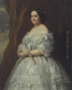 Portrat Einer Dame Mit Facher Im Weissen Kleid by Hermann Winterhalter