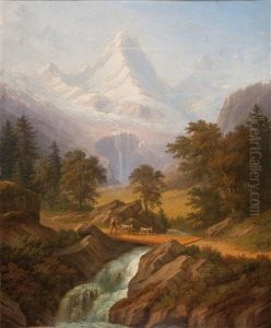 Der Schmadribach Mit Blick Auf Das Breithorn - Im Vordergrund Ein Bauer Mit Ziegen