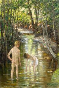 Zwei Badende Jungen Im Fluss by Richard Winternitz