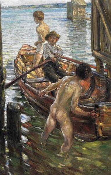 Drei Jungen Im Ruderboot - view 1