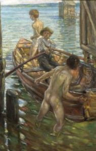 Im Sommer. Knaben Mit Ruderboot Am Seeufer by Richard Winternitz