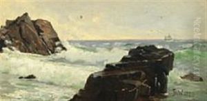 Rocky Coast With Sailing Ship In The Horizon by Frederik Julius August Winther