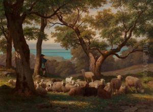 Shepherd And Flock In Landscape, 1872 by Guillaume (Wilhelm) Wintz