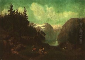 Schweizer Gebirgssee Mit Hirten, Hutte Und Alphornblaser