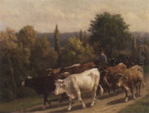 Kuhherde Mit Hirte Auf Weg by Guillaume (Wilhelm) Wintz