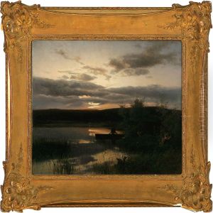 Sunset With A Manfishing In A Lake by Auguste Bromeis