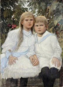Geschwisterpaar Vor Gartenstrauchern by Richard Wintzer