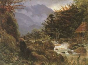 A Rocky River Landscape With A Japanese Farmer By A Footbridge by Charles Wirgman Jr.