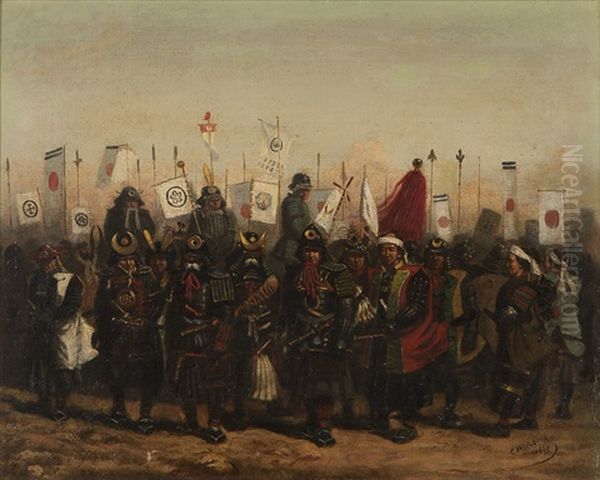 Japanese Samurai Dressed For Battle With Military Banners And Japanese Flags Flying - view 1