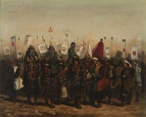 Japanese Samurai Dressed For Battle With Military Banners And Japanese Flags Flying by Charles Wirgman Sr.