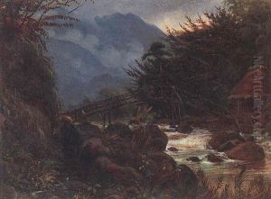 A Japanese Farmer By A Footbridge Over A River