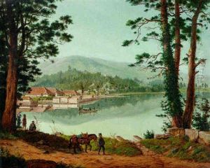 Figures Near A Lake In A Mountainous Woodland (japan?) by Charles Wirgman Sr.