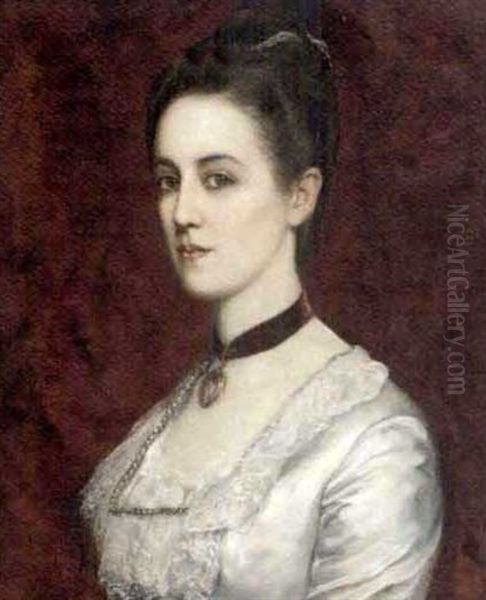 Portrait Of A Young Lady Wearing A Maroon Choker And Silk Dress - view 1