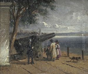 Familienausflug. Mutter Mit Kindern An Der Uferpromenade Eine Kanone Betrachtend, Neben Der Ein Gardist Steht by Albertus (Johannes A.) Wirth