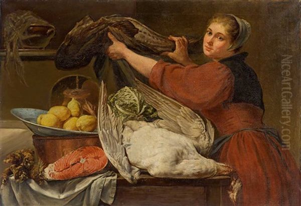 Kuchenmagd Mit Fischen, Gans Und Zitronen In Schale - view 1