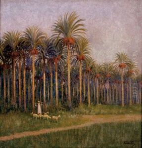 Orientalischer Hirte Steht Vor Palmenhain Im Abendlicht by Eduard Wirth