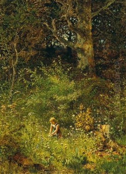 A Girl Gathering Flowers In A Forest Glade - view 1