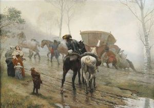 Reise-intermezzo Vor 200 Jahren. Eine Kutsche Steckt Bei Regenwetter Im Morast Fest by Hans Wislicenus