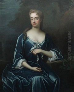 Portrait Of A Seated Lady Wearing A Blue Dress, A Landscape Beyond