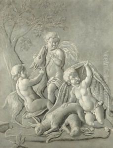 Putti Fishing; Putti Blowing Bubbles; Putti Frolicking; And Putti With Hunting Spoils by Jacob de Wit