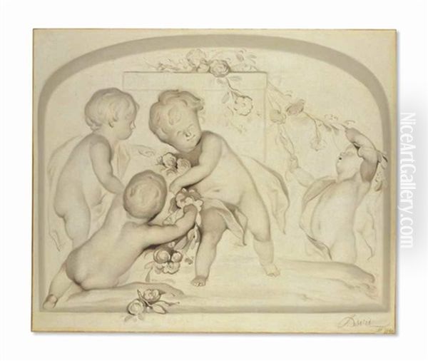 A Fictive Bas-relief With Putti Adorning An Altar With Flowers - view 1