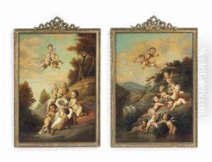 Putti Playing Beside A Stream In A Landscape by Jacob de Wit