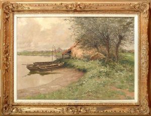 Barques En Bord De Riviere Aux Environs De Bornem by Prosper Joseph Pierre de Wit